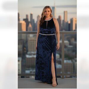 NWT R&M Richards 9130W Long Velvet Formal Dress Sequins Detail SZ-6 Wedding